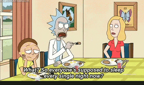 a cartoon of rick and morty sitting at a table with plates of food and a caption that says what