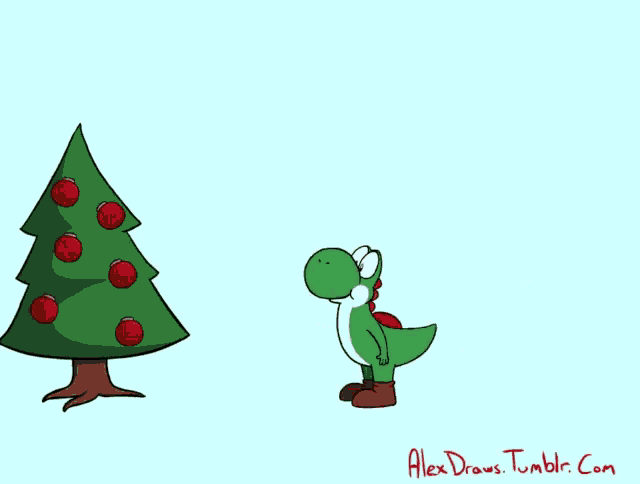 a cartoon of yoshi and a christmas tree with the words happy holidays written on it