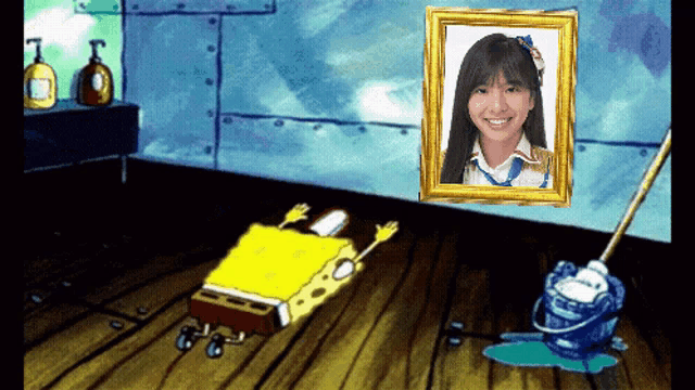 a cartoon of spongebob with a picture of a girl on the wall