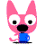 a pink dog is holding a blue cup .
