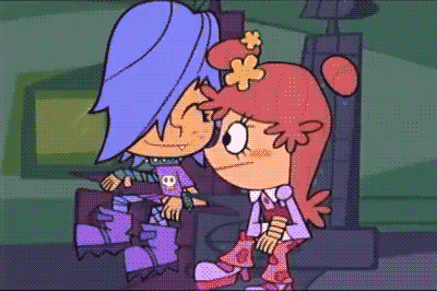 a cartoon character with a flower in her hair