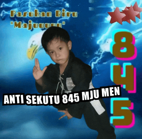 a boy in a martial arts pose with the words anti sekutu 845 mju men below him