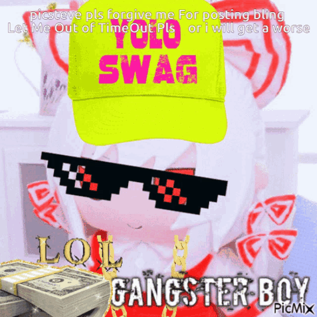 a picture of a girl wearing sunglasses and a yellow hat that says " you swag "