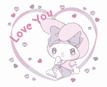 a pink bunny is sitting inside of a heart with the words love you written on it