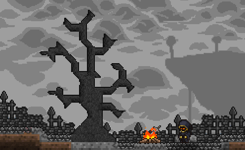 a pixel art of a cemetery with a tree in the middle
