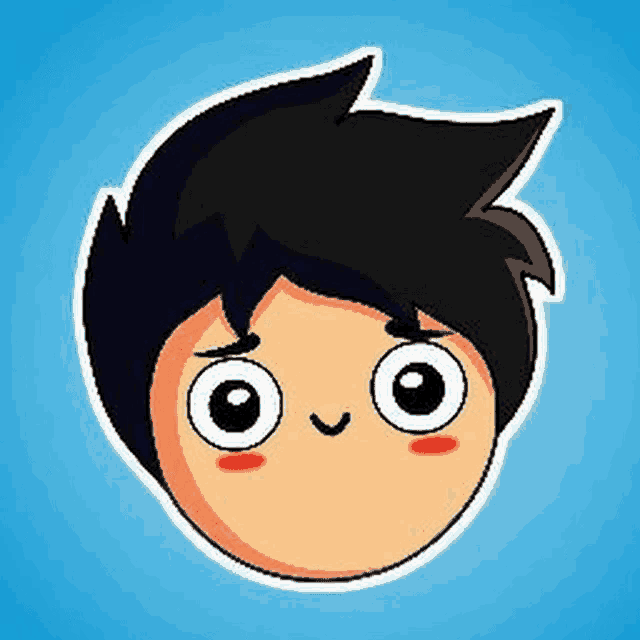 a cartoon boy with black hair and big eyes is smiling and looking at the camera .