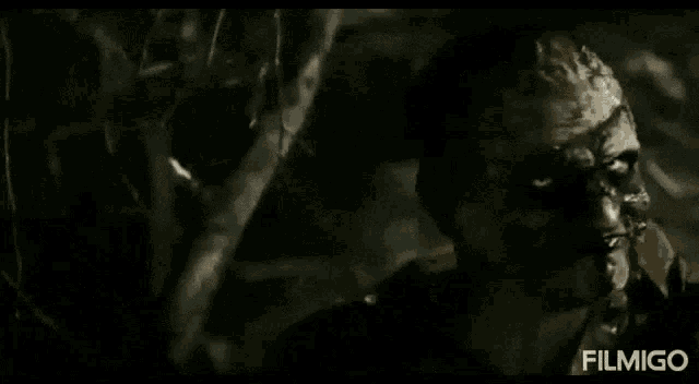 a scarecrow with dreadlocks and a mask is standing in a forest .
