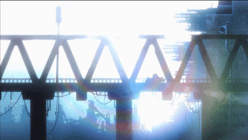 a bridge with the sun shining through it and a rainbow in the background