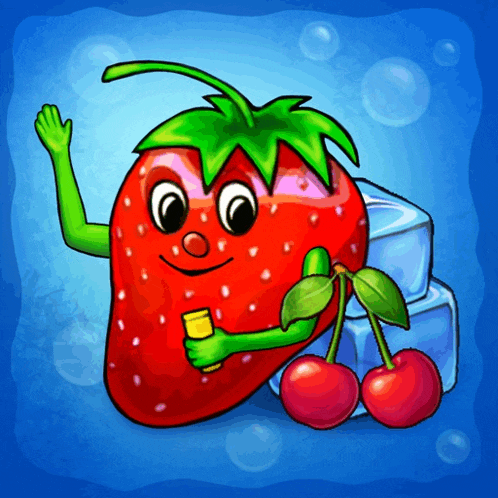 a cartoon illustration of a strawberry with green arms and a cherry