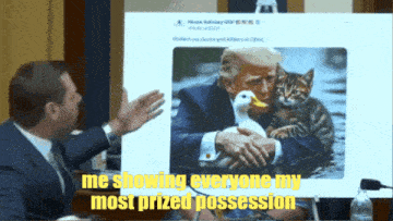 a man shows a picture of donald trump hugging a cat