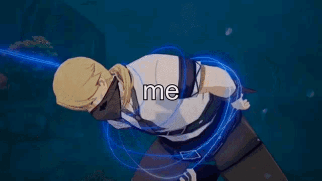a girl is standing next to a man on his knees in a video game and the words `` me '' are on the screen .