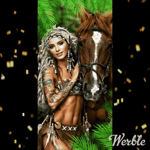 a woman in a native american costume is standing next to a brown horse