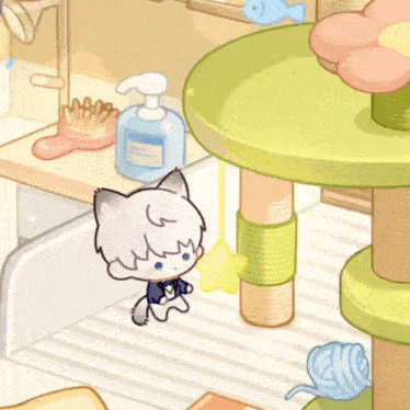 a cartoon cat is playing with a yellow star