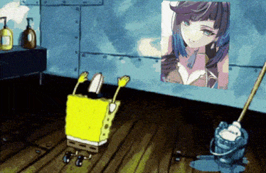 a cartoon of spongebob with a picture of a girl on the wall