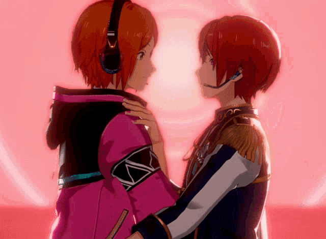 two anime characters are looking at each other and one has headphones on