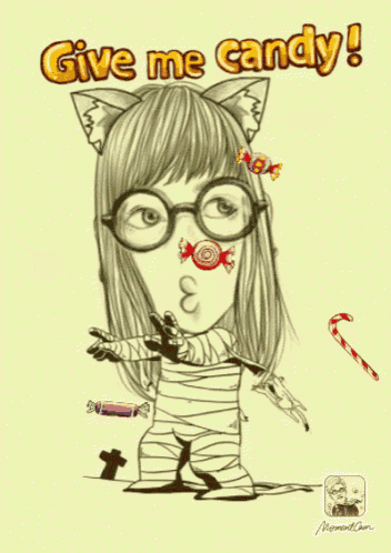 a cartoon of a girl with glasses and a cat ear on her head asking for candy