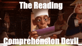 a cartoon of a chef reading a piece of paper with the words " the reading comprehension devil " above him