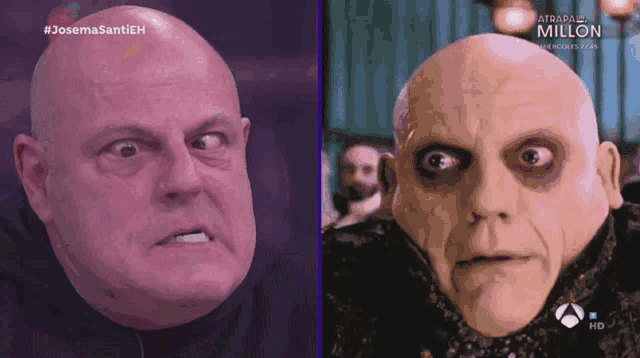 a man with a bald head is next to a man with a mask on