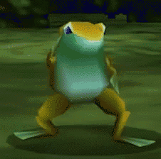 a yellow and blue frog is standing on its hind legs in a video game