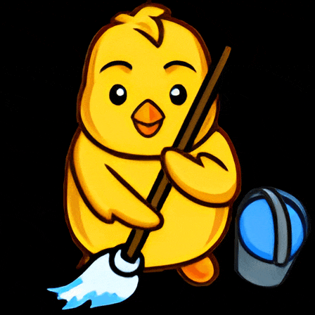 a cartoon of a yellow chicken holding a mop and bucket