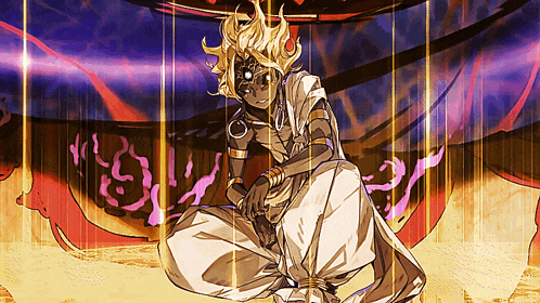 a drawing of a man in a white robe with a purple background that says ' s ' on it