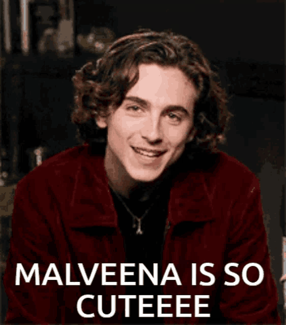 a young man is smiling with the words malveena is so cuteee written below him