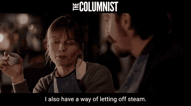 a woman talking to a man with the columnist written above her
