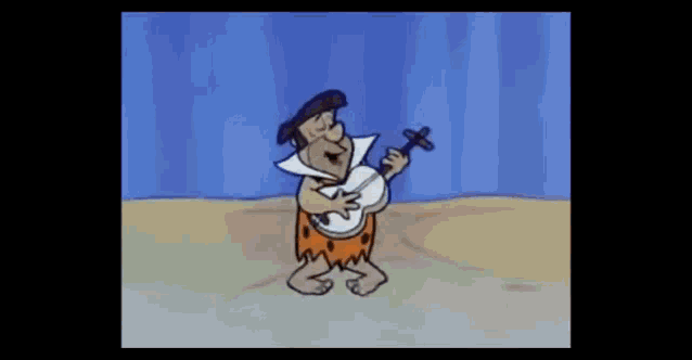 flintstone is playing a banjo in a cartoon while standing on the beach .