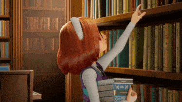 a girl is reaching for a book on a shelf with a book that says ' dictionary ' on it
