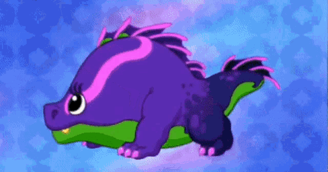 a purple and green cartoon dragon with a pink stripe on its back is swimming in the water .