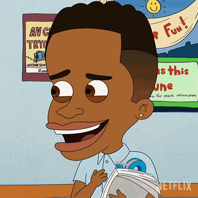 a cartoon of a boy holding a book in front of a sign that says avc try