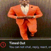 a man in an orange suit is standing in front of a wall with a timed out message