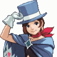a pixel art drawing of a girl wearing a top hat and gloves