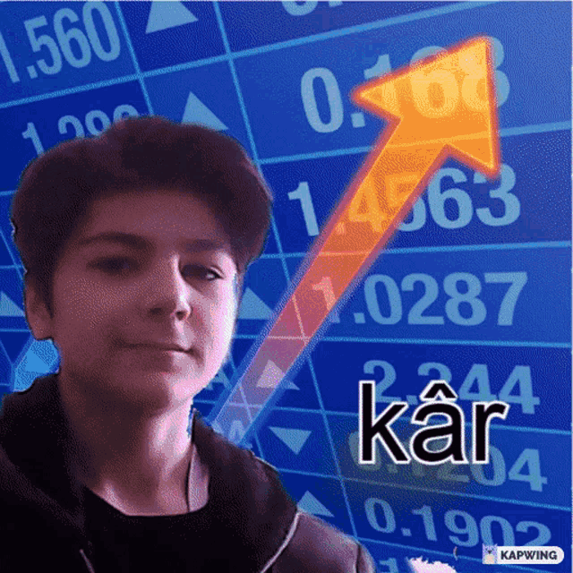 a boy is standing in front of a stock chart with an orange arrow pointing up and the word kar below him