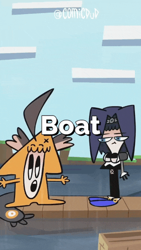 a cartoon character standing on a dock with the word boat on it
