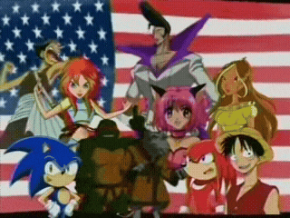 a group of anime characters are posing in front of an american flag