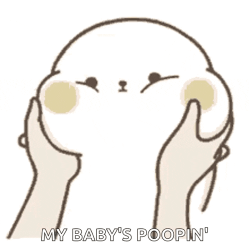 a cartoon drawing of a person holding a white ball with the words `` my baby 's poopin '' written on it .