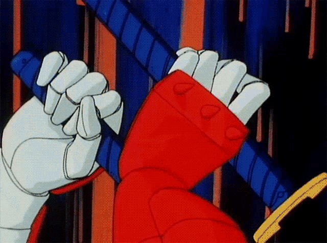 a cartoon character holding a sword with the letter d on the sleeve