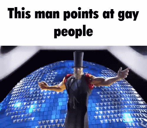 a man in a top hat is standing in front of a disco ball with the words this man points at gay people