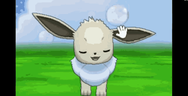 a cartoon eevee with its eyes closed and a hand on its head