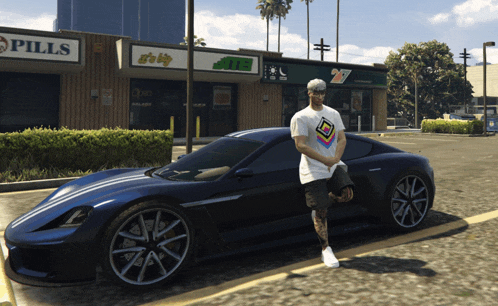 a man is standing next to a blue sports car in front of a pills store