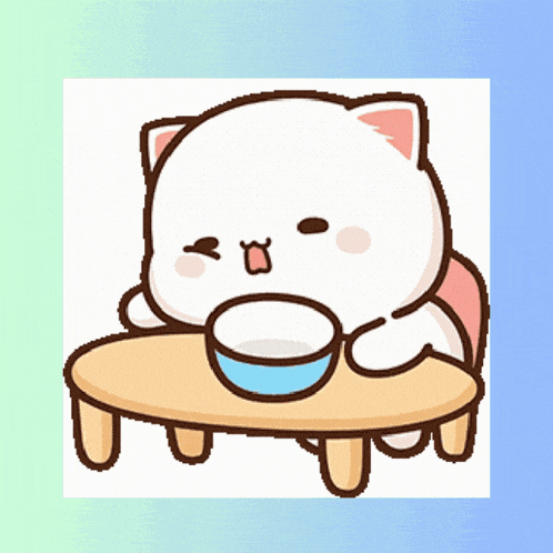 a cartoon of a cat sitting at a table with a bowl