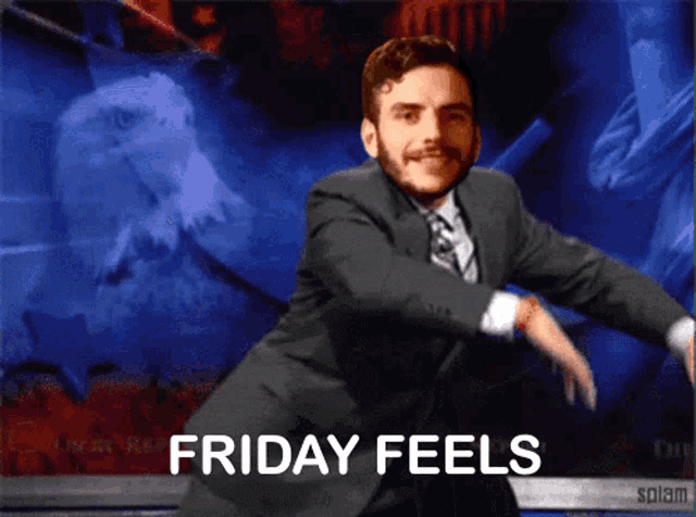 a man in a suit and tie is dancing with the words friday feels written below him
