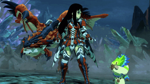 a video game character is standing next to a small animal