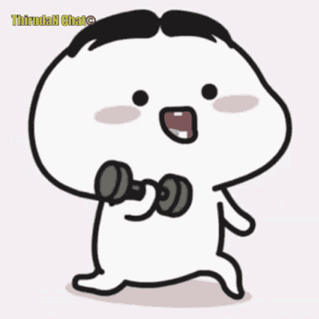 a cartoon character is holding a dumbbell in his hand and says thirulan chat