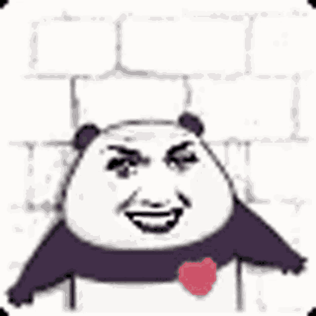 a panda bear is standing in front of a brick wall with a heart around its neck .