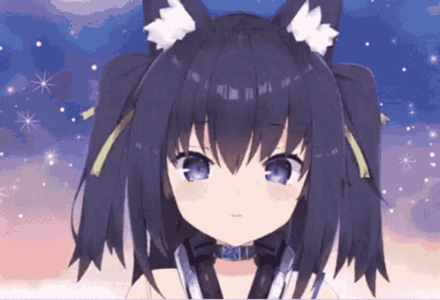 a close up of a anime character with purple eyes and black hair