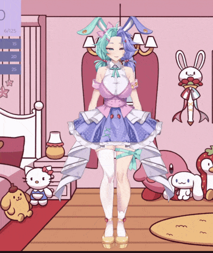 a girl with bunny ears is standing in a room with a hello kitty