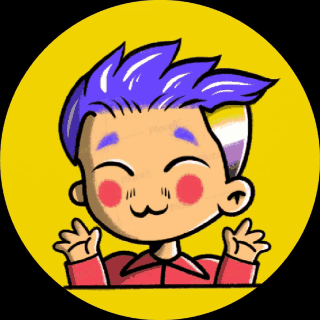 a cartoon drawing of a boy with purple hair and pink cheeks