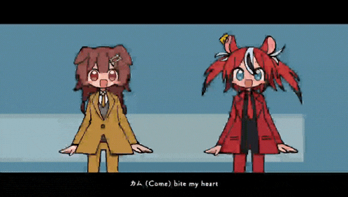 two anime characters are standing next to each other with the words come bite my heart written below them